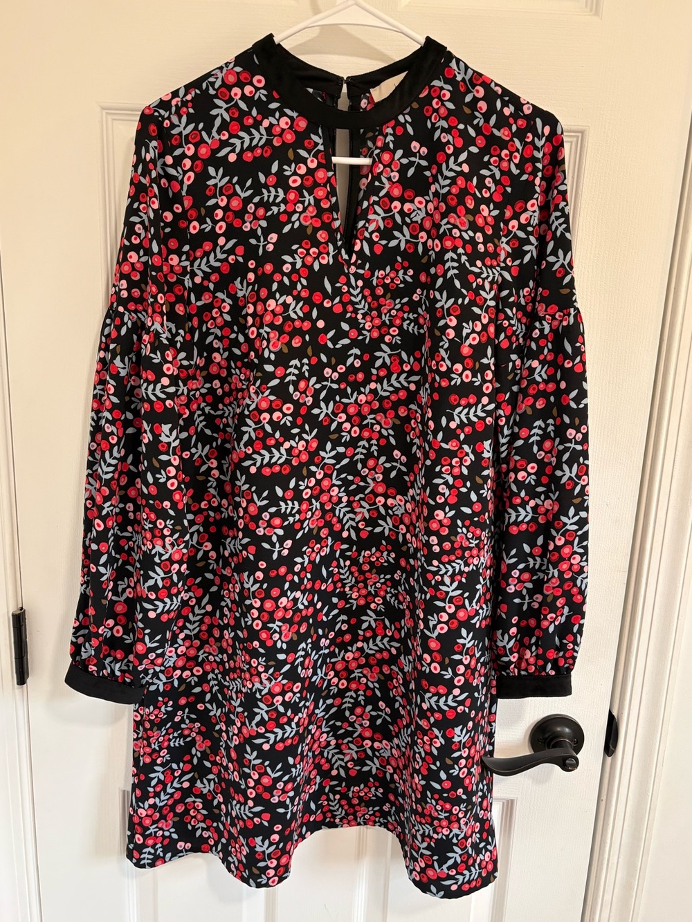 LOFT Black Floral Shift Dress with Red Berry Print